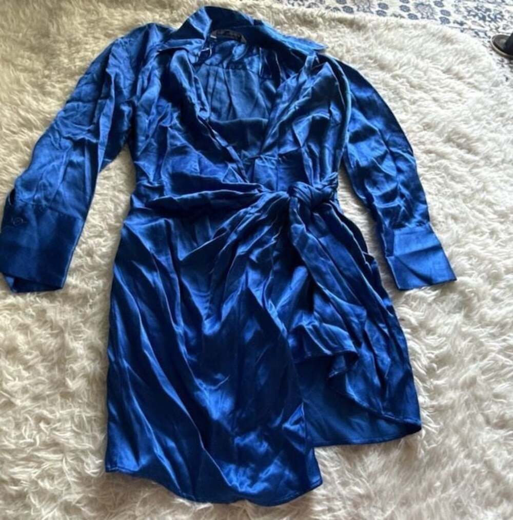 Zara Satin Effect Wrap Mini Dress in Royal Blue